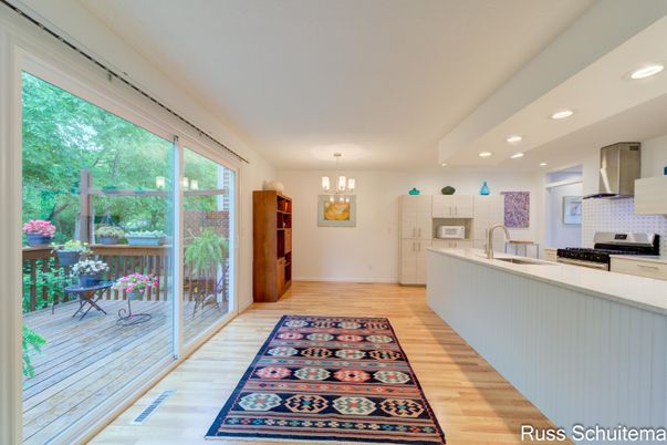 Chandelier, Interior, Kitchen, Pendant Lights, Recessed Lighting, Stainless Steel Appliances, Wood Texture Flooring