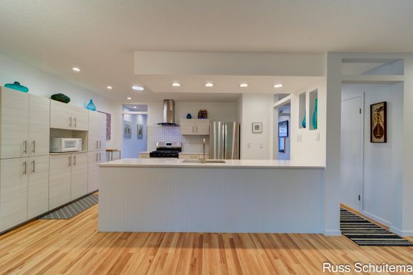 Interior, Kitchen, Recessed Lighting, Stainless Steel Appliances, Wood Texture Flooring