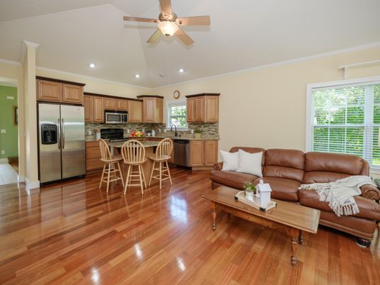 Interior, Kitchen, Living room, Recessed Lighting, Stainless Steel Appliances, Wood Texture Flooring
