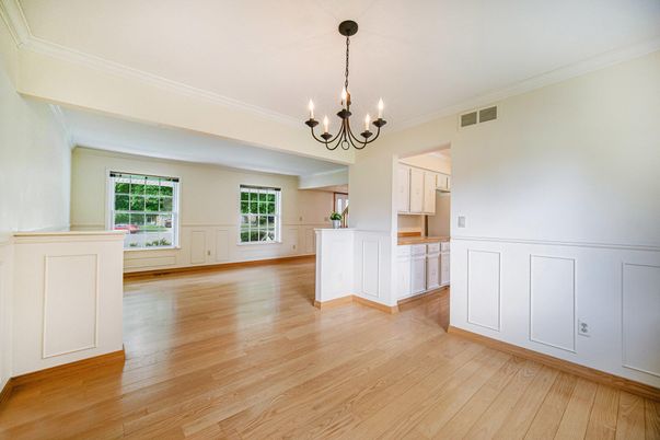 Chandelier, Empty room, Interior, Kitchen, Wood Texture Flooring