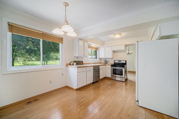 Interior, Kitchen, Pendant Lights, Stainless Steel Appliances, Wood Texture Flooring