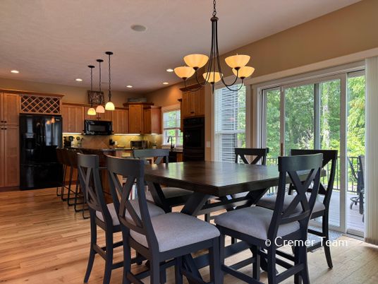 Dining room, Interior, Kitchen, Pendant Lights, Recessed Lighting, Wood Texture Flooring