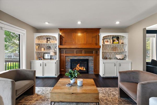 Fireplace, Interior, Living room, Recessed Lighting, Wood Texture Flooring