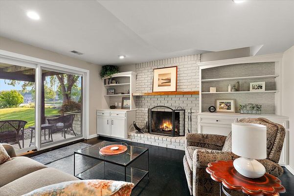 Fireplace, Interior, Living room, Recessed Lighting, Stone Walls