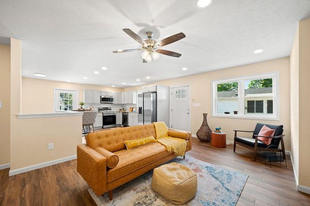 Interior, Kitchen, Living room, Recessed Lighting, Stainless Steel Appliances, Wood Texture Flooring