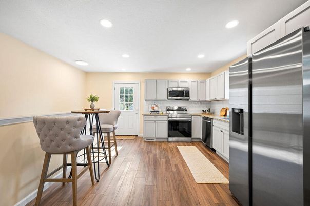 Interior, Kitchen, Recessed Lighting, Stainless Steel Appliances, Wood Texture Flooring