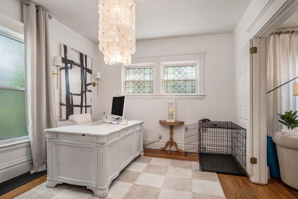 Chandelier, Home Office, Interior, Wood Texture Flooring