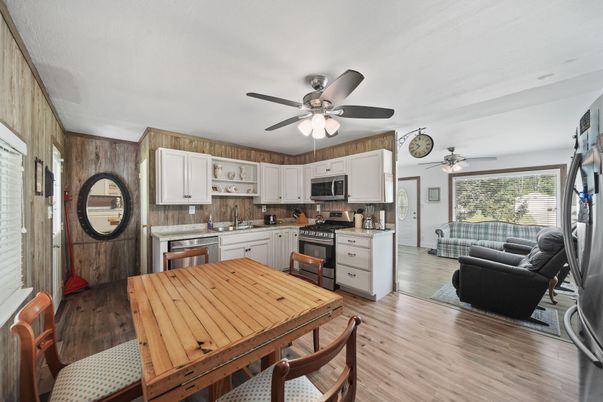 Dining room, Interior, Kitchen, Stainless Steel Appliances, Wood Texture Flooring