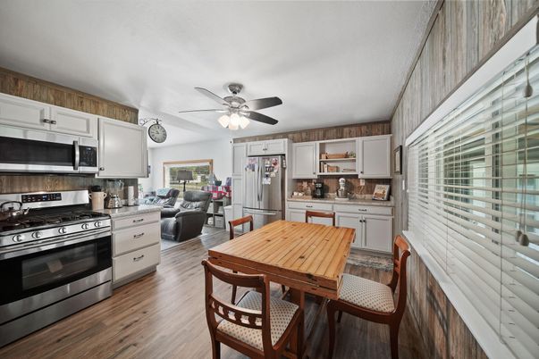 Dining room, Interior, Kitchen, Living room, Stainless Steel Appliances, Wood Texture Flooring