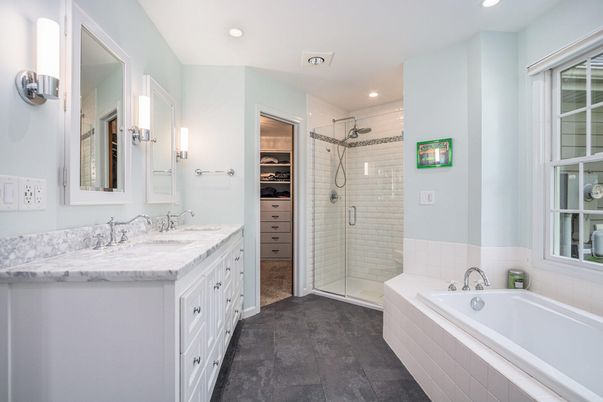Bathroom, Dual Sink Vanities, Glass Shower, Interior, Recessed Lighting, Walk-in Closets