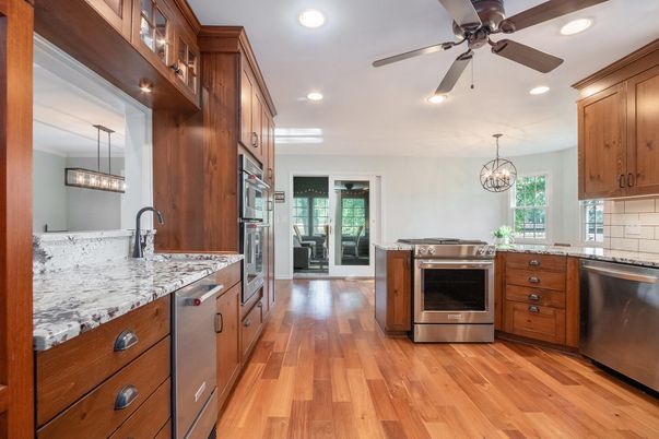 Chandelier, Interior, Kitchen, Pendant Lights, Recessed Lighting, Stainless Steel Appliances, Wood Texture Flooring