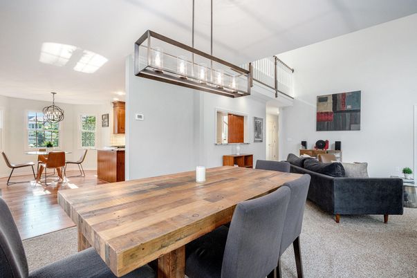 Chandelier, Dining room, Interior, Living room, Pendant Lights, Recessed Lighting, Wood Texture Flooring