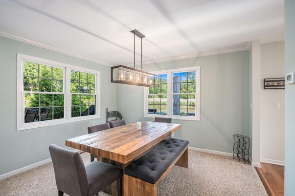 Dining room, Interior, Pendant Lights, Wood Texture Flooring