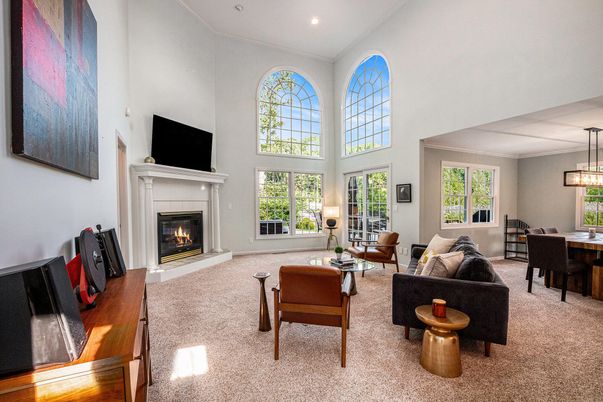 Dining room, Fireplace, Interior, Living room, Pendant Lights, Recessed Lighting