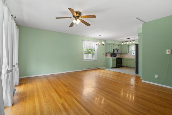 Chandelier, Empty room, Interior, Kitchen, Pendant Lights, Wood Texture Flooring