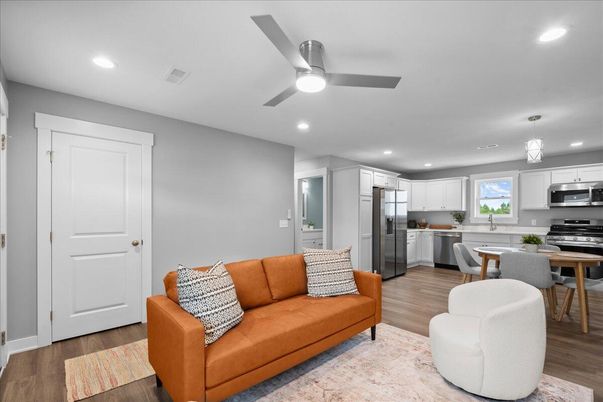 Dining room, Interior, Kitchen, Pendant Lights, Recessed Lighting, Stainless Steel Appliances, Wood Texture Flooring