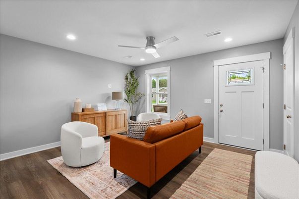 Interior, Living room, Recessed Lighting, Wood Texture Flooring