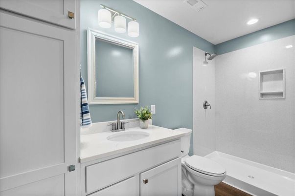 Bathroom, Interior, Recessed Lighting, Wood Texture Flooring