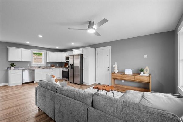Interior, Kitchen, Living room, Recessed Lighting, Stainless Steel Appliances, Wood Texture Flooring
