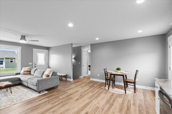 Dining room, Interior, Living room, Recessed Lighting, Wood Texture Flooring