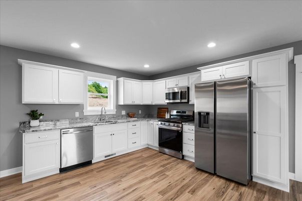 Interior, Kitchen, Recessed Lighting, Stainless Steel Appliances, Wood Texture Flooring