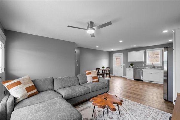 Dining room, Interior, Kitchen, Living room, Recessed Lighting, Stainless Steel Appliances, Wood Texture Flooring