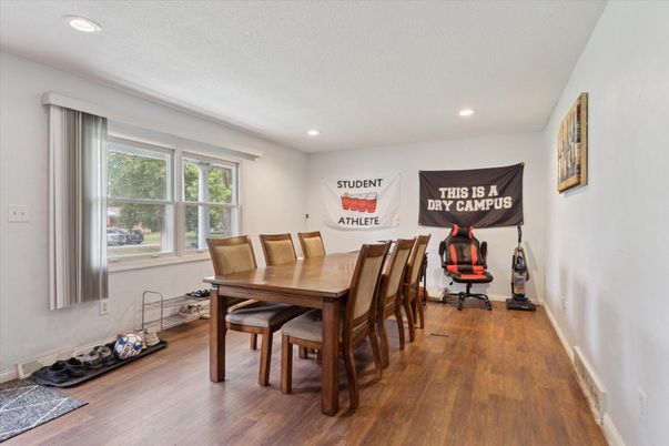 Dining room, Interior, Recessed Lighting, Wood Texture Flooring