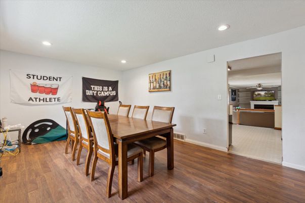 Dining room, Interior, Recessed Lighting, Wood Texture Flooring