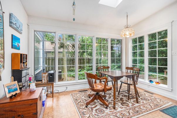 Dining room, Interior, Pendant Lights, Sun Room, Wood Texture Flooring