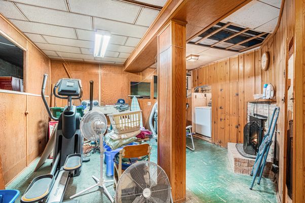 Fireplace, Fitness Equipment, Interior, Recessed Lighting, Wooden Walls