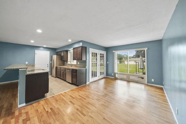 Empty room, Interior, Kitchen, Recessed Lighting, Wood Texture Flooring