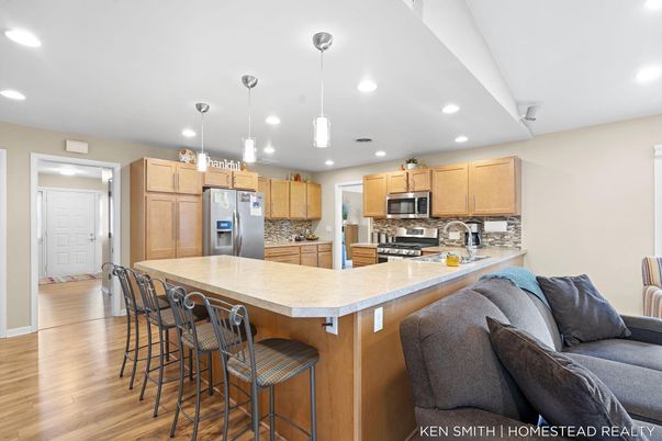 Interior, Kitchen, Pendant Lights, Recessed Lighting, Stainless Steel Appliances, Wood Texture Flooring