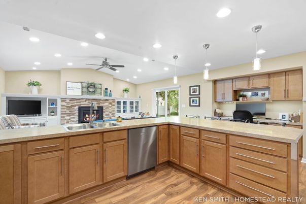 Fireplace, Interior, Kitchen, Pendant Lights, Recessed Lighting, Stone Walls, Wood Texture Flooring