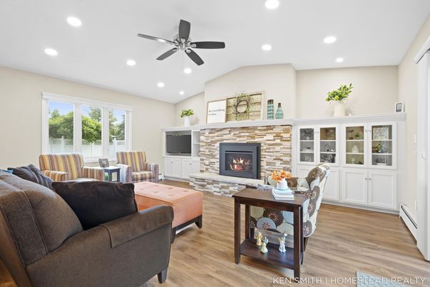 Fireplace, Interior, Living room, Recessed Lighting, Wood Texture Flooring