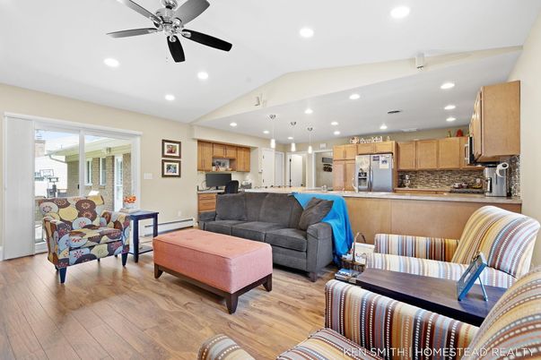 Interior, Kitchen, Living room, Pendant Lights, Recessed Lighting, Stainless Steel Appliances, Wood Texture Flooring