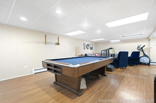 Billiard Table, Fitness Equipment, Game Room, Interior, Recessed Lighting, Wood Texture Flooring
