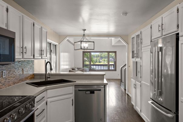 Interior, Kitchen, Pendant Lights, Stainless Steel Appliances, Wood Texture Flooring