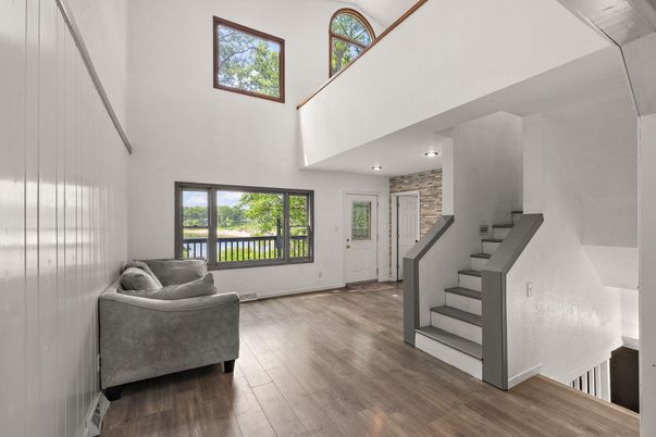 Interior, Recessed Lighting, Stone Walls, Wood Texture Flooring