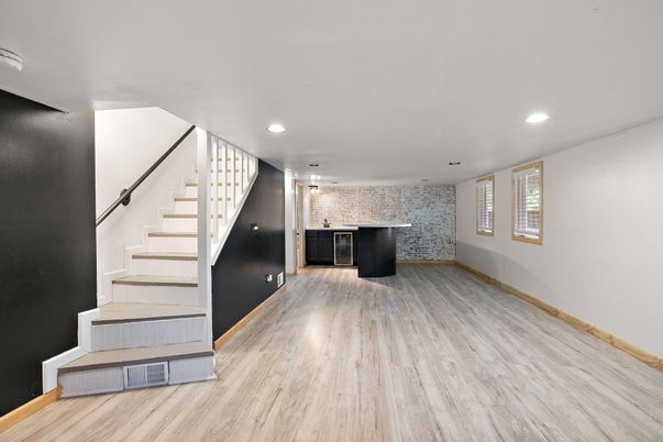 Interior, Recessed Lighting, Stone Walls, Wood Texture Flooring
