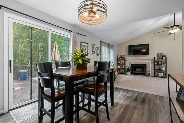 Dining room, Fireplace, Interior, Wood Texture Flooring