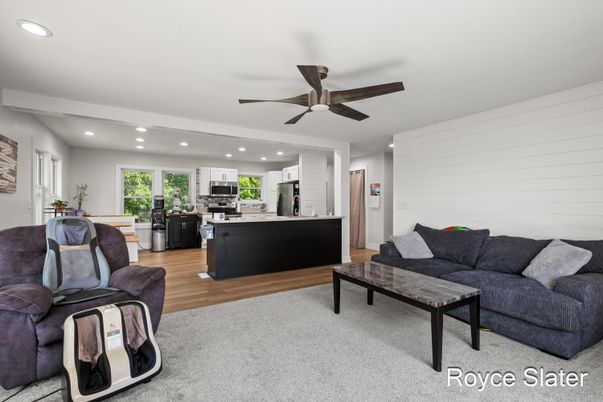 Interior, Kitchen, Living room, Recessed Lighting, Stainless Steel Appliances, Wood Texture Flooring