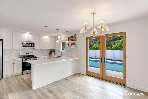 Interior, Kitchen, Pendant Lights, Stainless Steel Appliances, Wood Texture Flooring