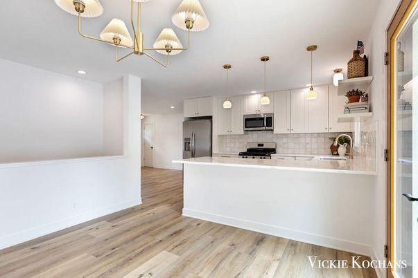 Interior, Kitchen, Pendant Lights, Recessed Lighting, Stainless Steel Appliances, Wood Texture Flooring