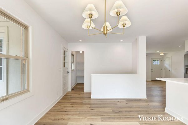 Chandelier, Empty room, Interior, Recessed Lighting, Wood Texture Flooring