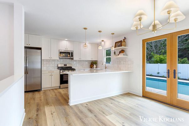 Interior, Kitchen, Pendant Lights, Recessed Lighting, Stainless Steel Appliances, Wood Texture Flooring
