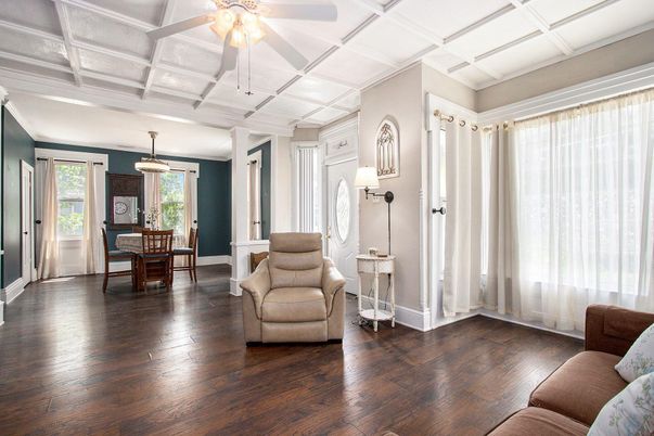 Dining room, Interior, Pendant Lights, Wood Texture Flooring
