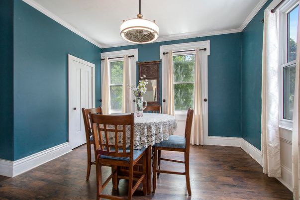 Dining room, Interior, Pendant Lights, Wood Texture Flooring