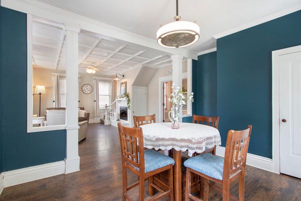Dining room, Fireplace, Interior, Living room, Pendant Lights, Wood Texture Flooring