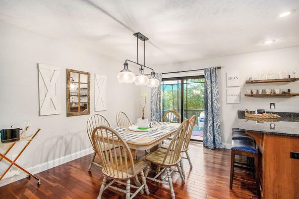 Dining room, Interior, Pendant Lights, Recessed Lighting, Wood Texture Flooring