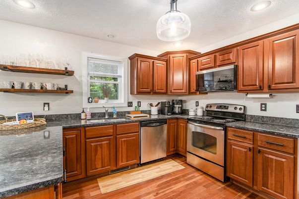 Interior, Kitchen, Recessed Lighting, Stainless Steel Appliances, Wood Texture Flooring